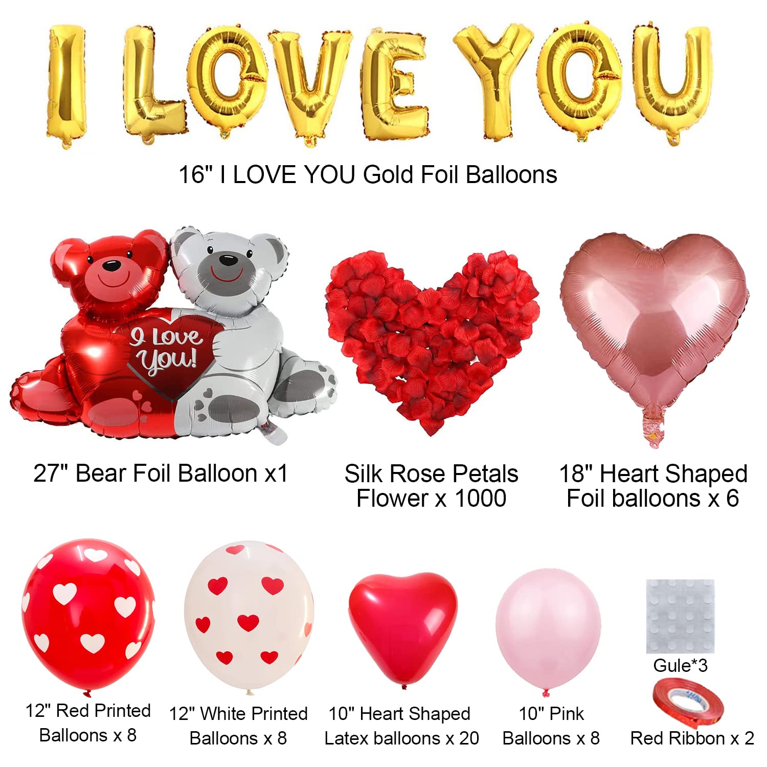 Wecepar Valentines Balloons Kit with I Love You Balloons Heart Balloon Bear Balloon Pink Balloons 1000pcs Rose Petals for Valentines Decorations Anniversary Proposal Romantic Decorations Special Night