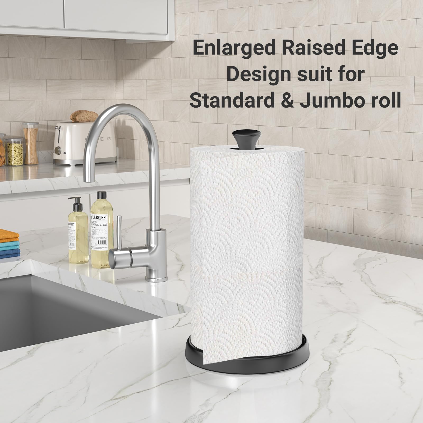 Swaitee Paper Towel Holder, Paper Towel Holder Countertop for Standard & Jumbo Rolls, Black Paper Towel Holder with Anti-Slip Weighted Base for Kitchen and Bathroom