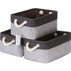 sea team 3-pack small storage basket set, storage cube organizer, storage bins, 12 x 8 x 5 inches, rectangle canvas fabric collapsible shelf box with handles for kids room (grey/black)