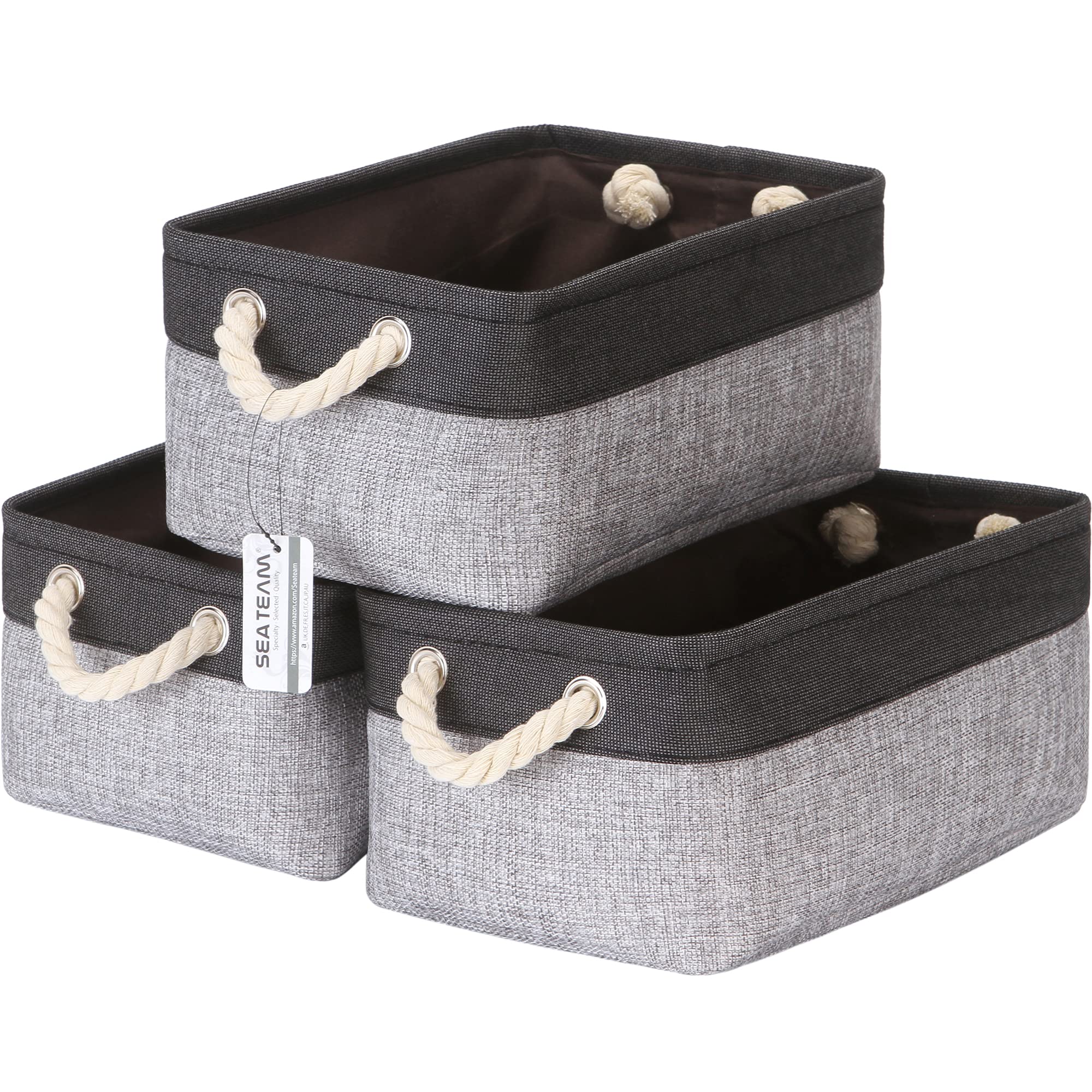 Sea Team 3-Pack Small Storage Basket Set, Storage Cube Organizer, Storage Bins, 12 x 8 x 5 Inches, Rectangle Canvas Fabric Collapsible Shelf Box with Handles for Kids Room (Grey/Black)