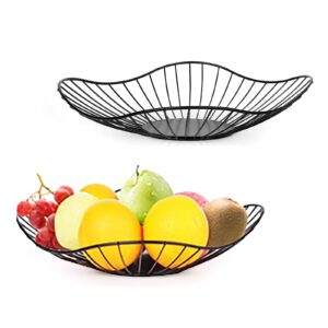 fodayuse 2 pcs flat modern fruit bowl, fruit holder for fruit and vegetable storage, minimalism wire fruit bowls for kitchen counter, home decor, countertop, table centerpiece, black