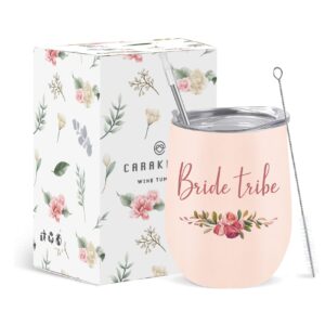 CARAKNOTS Bride Tribe Wine Tumbler Bride Tribe Gifts Wedding Bachelorette Party Gifts for Bride Tribe Tumbler Wedding Tumbler for Bride Tribe Cups Bridesmaid Gifts for Team Bride Wine Glass Pink 12 OZ