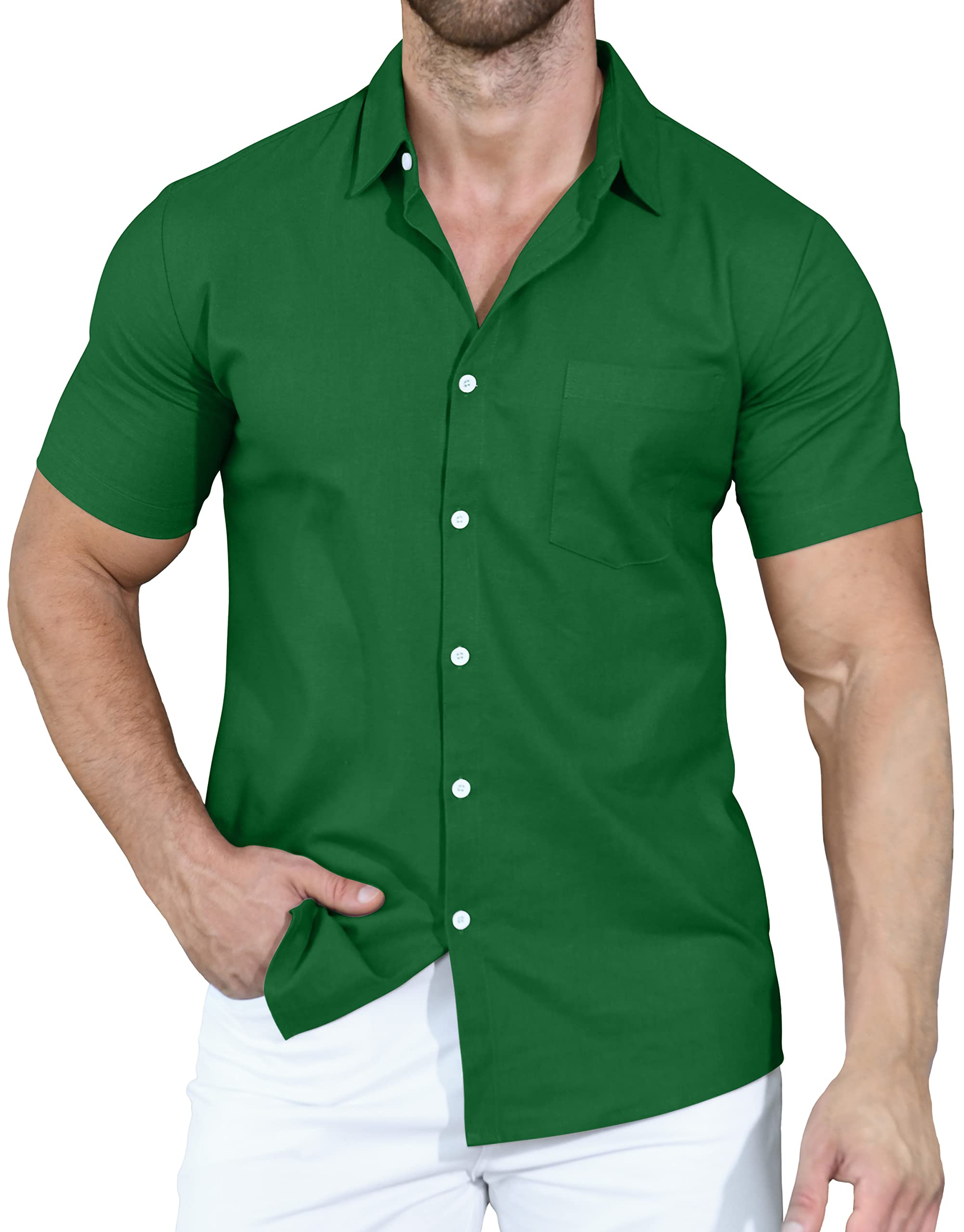 YTD Men's Linen Casual Short Sleeve Shirts Button Down Summer Beach Shirt Green