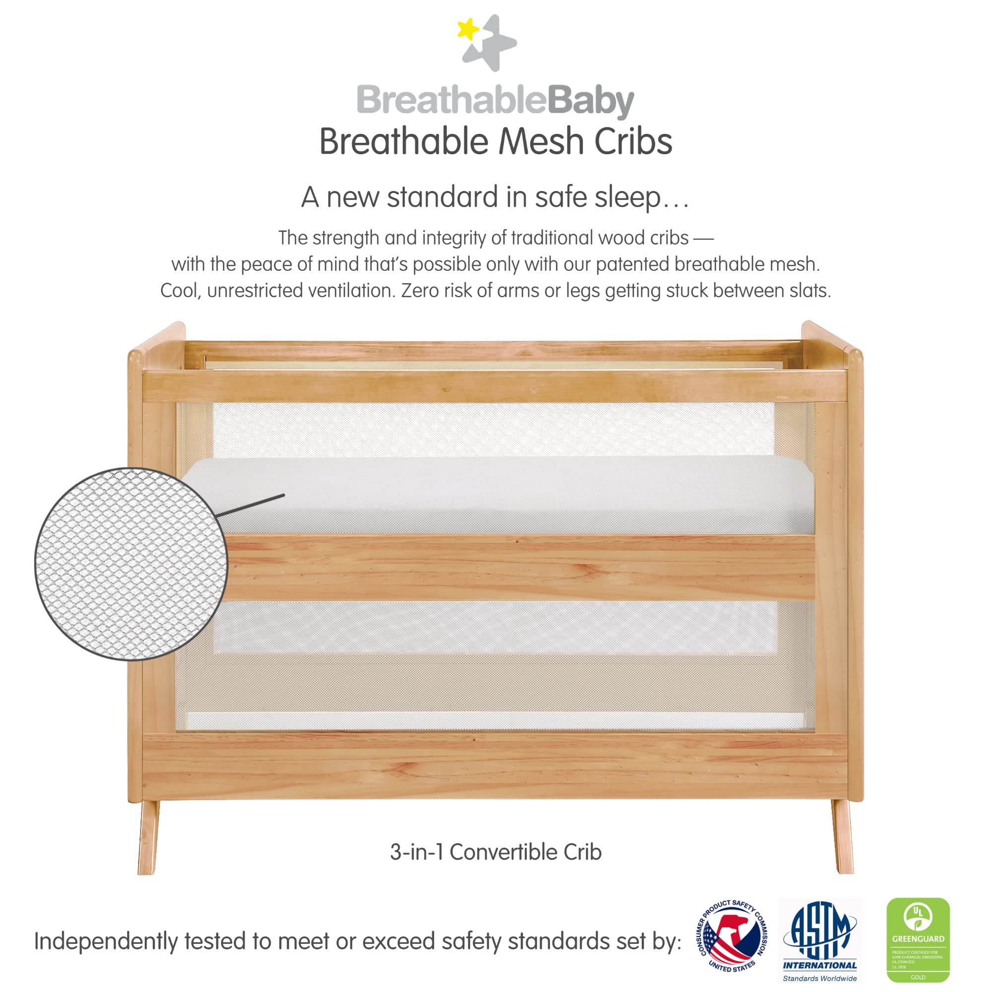 BreathableBaby Breathable Mesh 3-in-1 Convertible Crib (Toddler Bed Kit Sold Separately) — Beech — Two Adjustable Mattress Heights — Greenguard Gold Certified