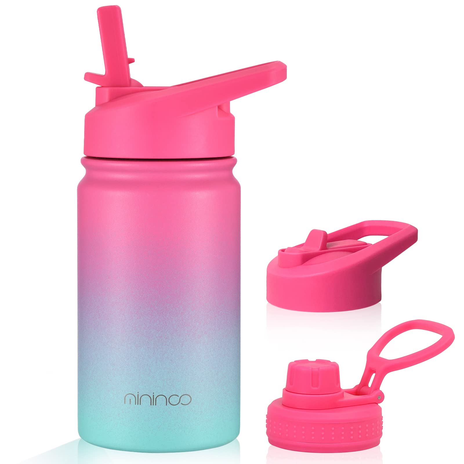 Mininoo Insulated Kids Water Bottle, 12 oz Stainless Steel Water Bottle Kids with Straw Lid and Chug Lid for Girls, Boys (Punch/Green)