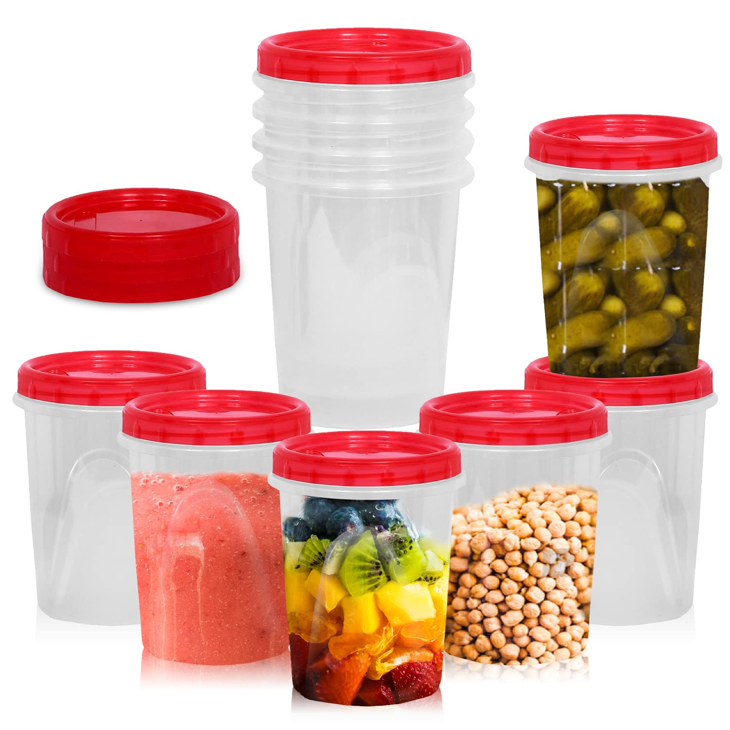 [Red - 12 Pk] Airtight Deli Containers with Lids Twist Lock Top Clear Food Storage for Meal Prep Snacks and Leftovers Freezer and Microwave Safe Stackable Leak-Resistant and 12 Pc. Set (32 Ounce)