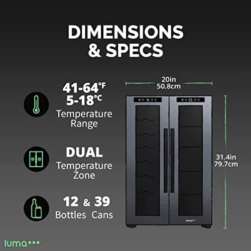 Luma Comfort Shadow Series Wine Cooler Refrigerator 12 Bottle & 39 Can Dual Temperature Zones, Freestanding Mirrored Wine and Beverage Fridge with Double-Layer Tempered Glass Door & Compressor Cooling