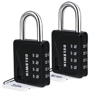 delswin combination lock, 4 digit locker lock small combo lock with name tags for gym school, number code padlock for outdoor shed fence (2pcs)