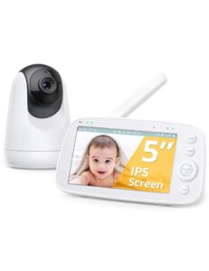 video baby monitor, 5” split screen video baby camera with 720p resolution, pan-tilt-zoom camera and audio with two-way talk, vox mode, 4500mah battery, auto night vision, no wi-fi, 5 lullabies