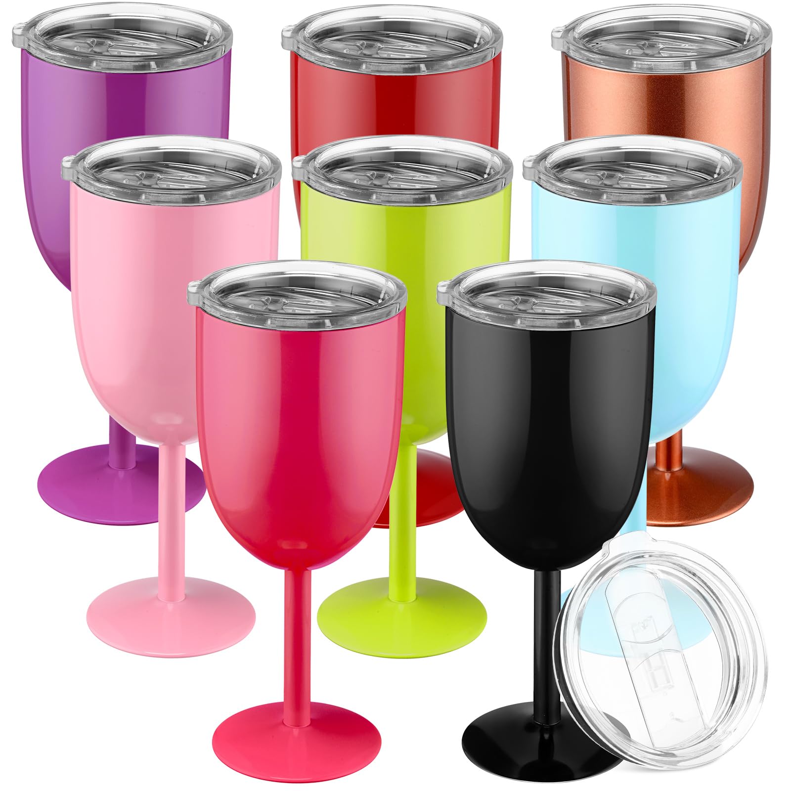 Yinder 8 Pcs Stemmed Stainless Steel Wineglasses, 12 oz Stainless Wine Goblet with Lids Double Wall Insulated Unbreakable Goblets Insulated Stem Wine Tumbler for Friendship Birthday Party Supplies