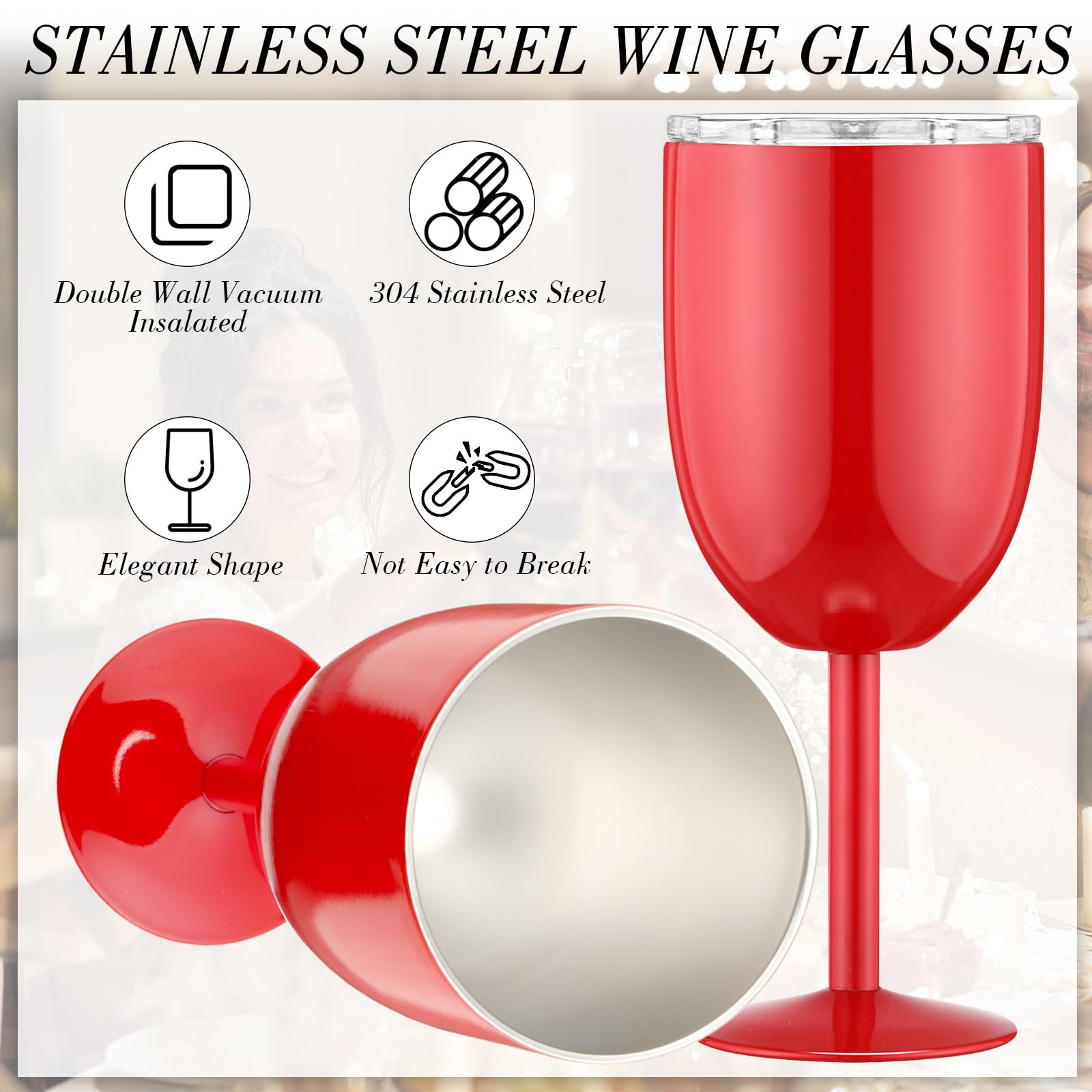 Yinder 8 Pcs Stemmed Stainless Steel Wineglasses, 12 oz Stainless Wine Goblet with Lids Double Wall Insulated Unbreakable Goblets Insulated Stem Wine Tumbler for Friendship Birthday Party Supplies