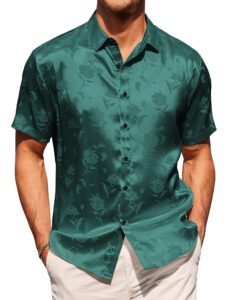 coofandy men's jacquard satin button down shirts short sleeve silk shirts casual summer beach shirt green large