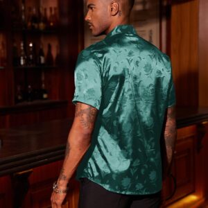 COOFANDY Men's Jacquard Satin Button Down Shirts Short Sleeve Silk Shirts Casual Summer Beach Shirt Green Large