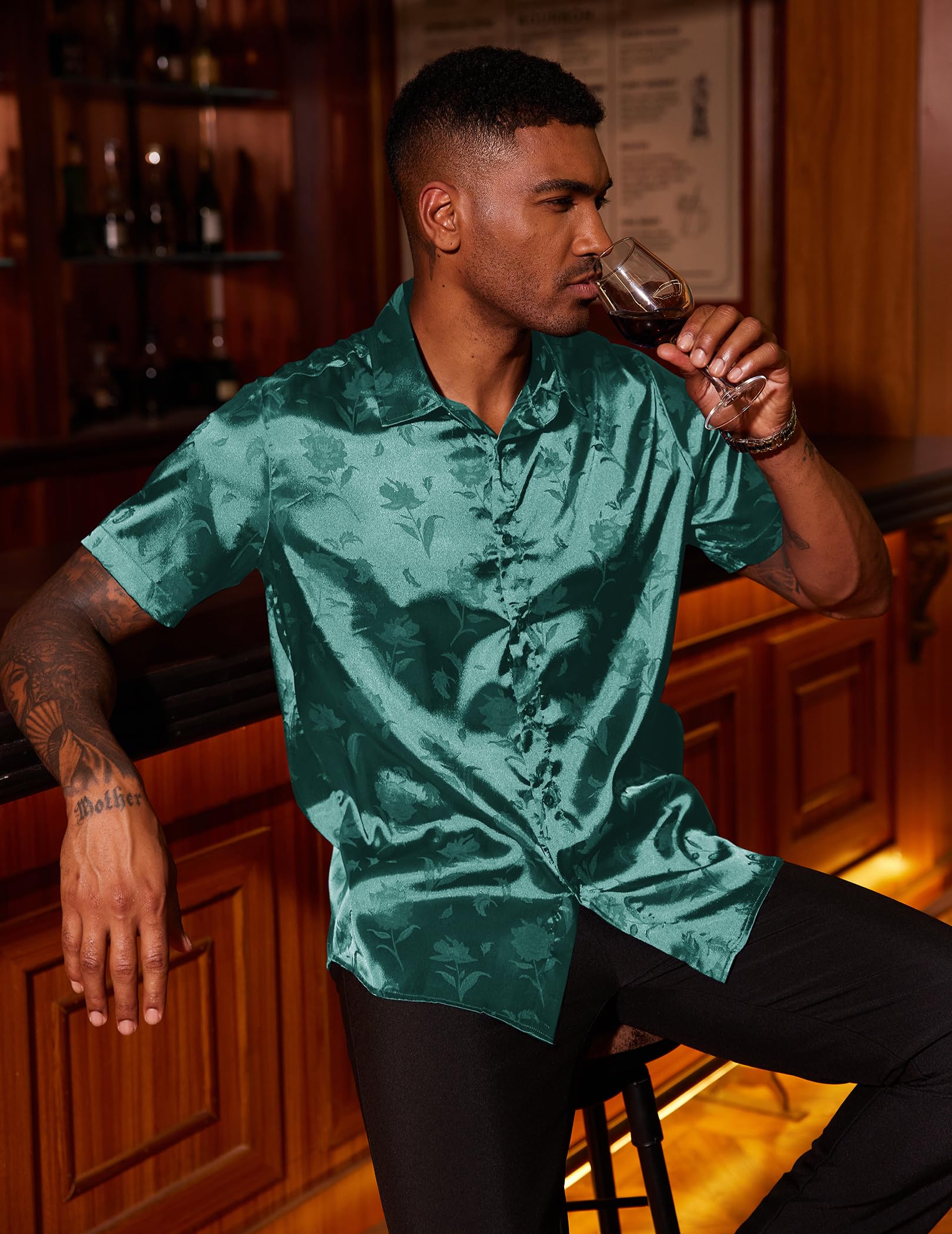 COOFANDY Men's Jacquard Satin Button Down Shirts Short Sleeve Silk Shirts Casual Summer Beach Shirt Green Large