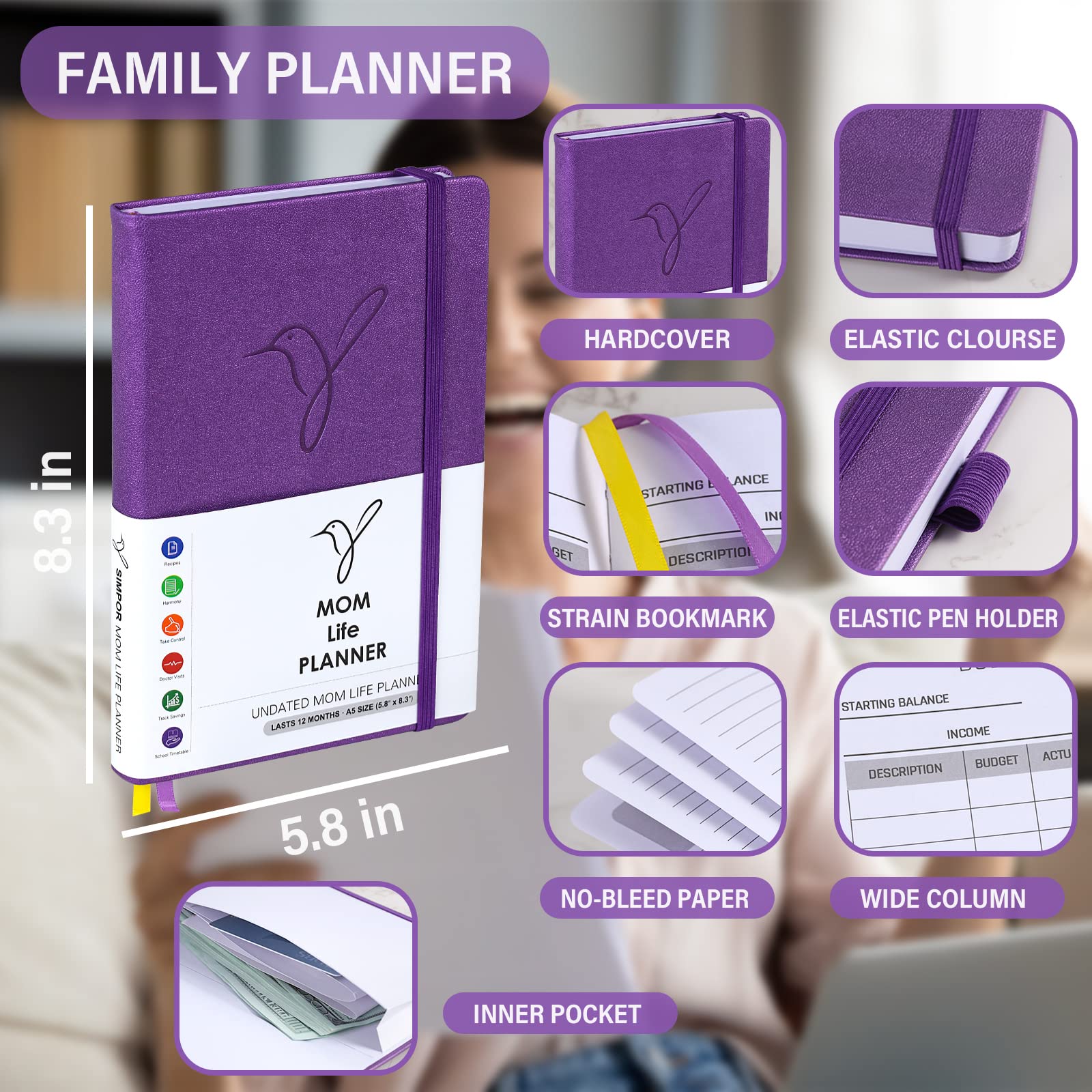 SIMPOR Home Planner, Monthly Financial Planner Organizer Budget Book with Expense Tracker, Work from Home Planner, Meal Planner, Family Organizer, Undated Planner 12 Months Schedule