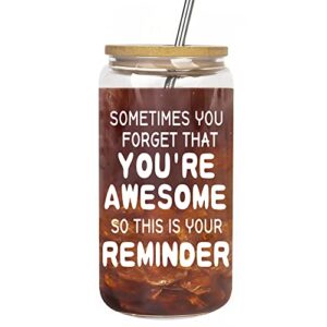 birthday gifts for women men - iced coffee glass with bamboo lid and straw, thank you gifts for best friend coworker boss lady, her, daughter, inspirational appreciation drinking can shaped cup