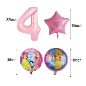 Princess Party 3rd Birthday Balloon Bouquet Decorations 7PCS Princess Foil Balloons For Girls Birthday Baby Shower Princess Themed Party Decorations (4th Birthday)