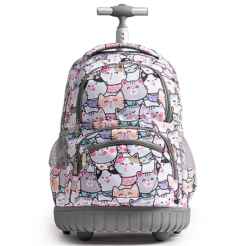 SKYMOVE 18 inches Wheeled Rolling Backpack Multi-Compartment College Books Laptop Bag Business Trip Carry-on for boys and girls, Lovely Cats