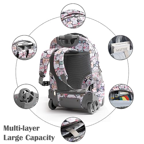 SKYMOVE 18 inches Wheeled Rolling Backpack Multi-Compartment College Books Laptop Bag Business Trip Carry-on for boys and girls, Lovely Cats