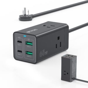 trond 65w usb c charger-7 in 1 dual voltage travel power strip usb c desk charging station with 2 usb-c ports & 2 usb-a ports, fast charging extension cord with 3ac outlets, black