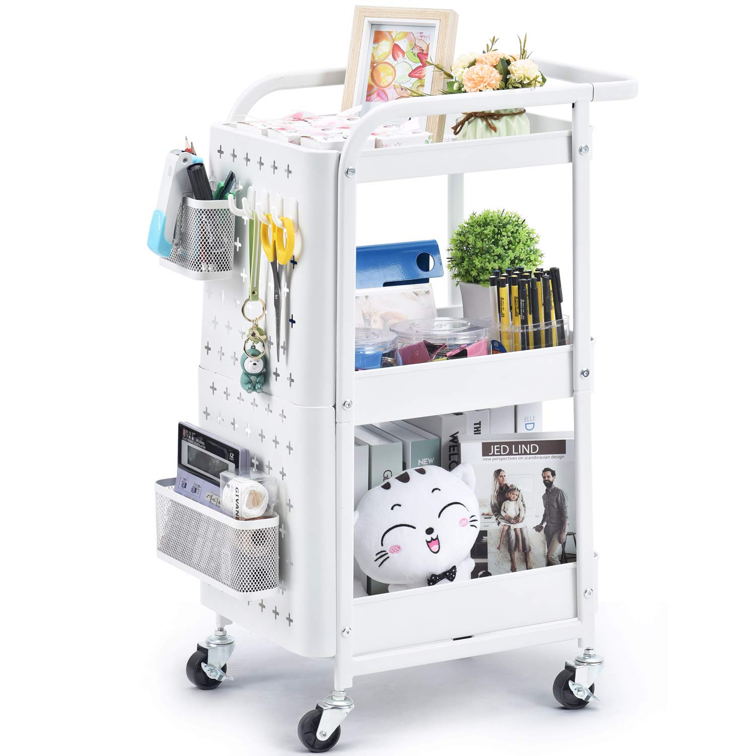 KINGRACK 3-Tier Rolling Cart, Metal Utility Cart with Pegboard, Utility Rolling Storage Carts with Wheels, Craft Storage Trolley with Handle for Kitchen Office Classroom, Classic White