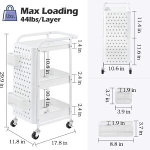 KINGRACK 3-Tier Rolling Cart, Metal Utility Cart with Pegboard, Utility Rolling Storage Carts with Wheels, Craft Storage Trolley with Handle for Kitchen Office Classroom, Classic White