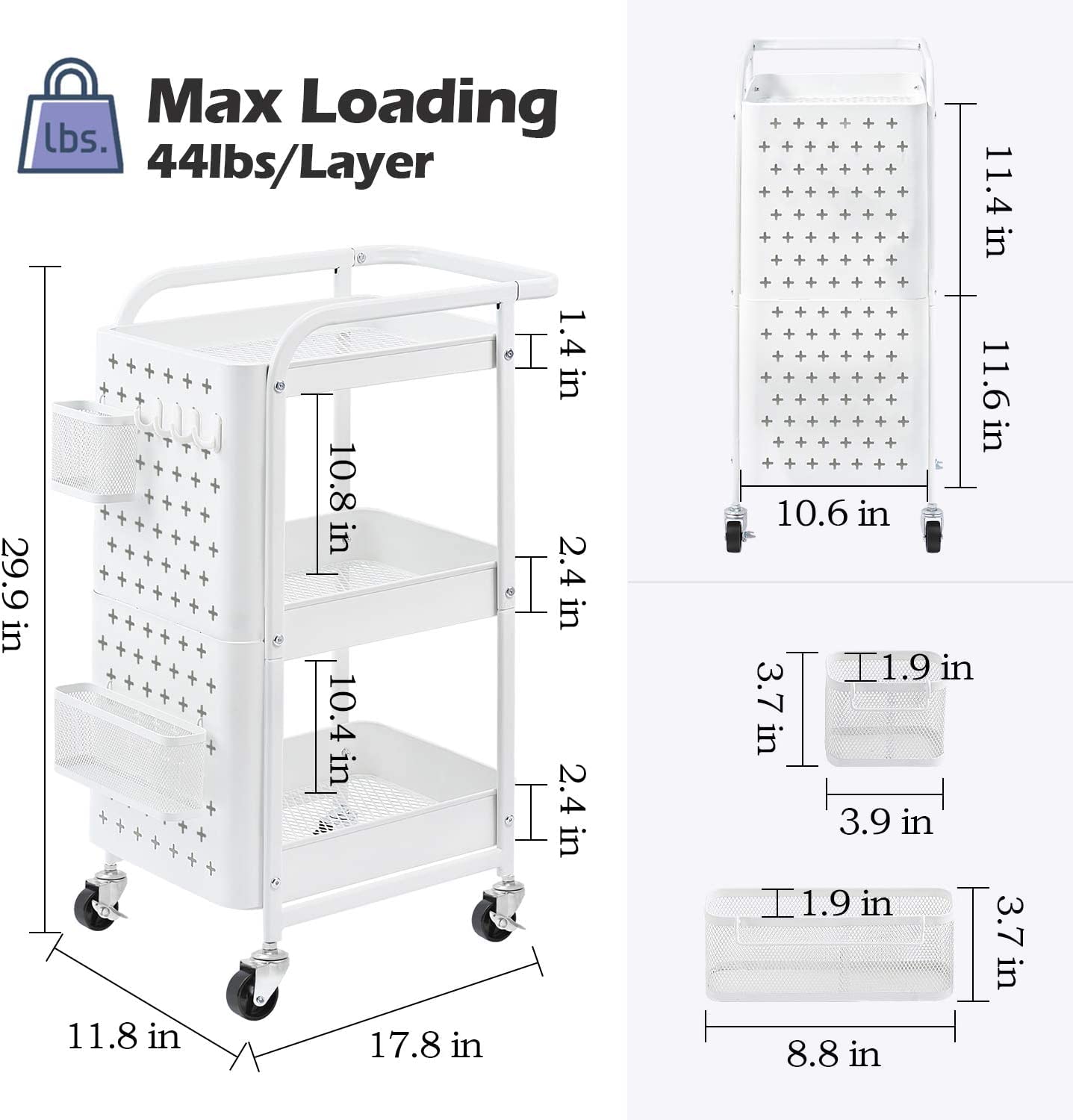 KINGRACK 3-Tier Rolling Cart, Metal Utility Cart with Pegboard, Utility Rolling Storage Carts with Wheels, Craft Storage Trolley with Handle for Kitchen Office Classroom, Classic White