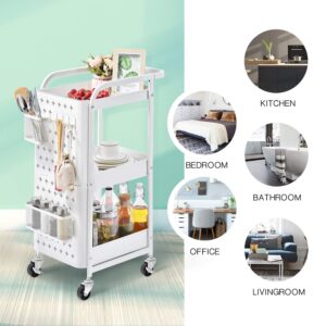 KINGRACK 3-Tier Rolling Cart, Metal Utility Cart with Pegboard, Utility Rolling Storage Carts with Wheels, Craft Storage Trolley with Handle for Kitchen Office Classroom, Classic White