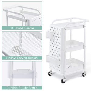 KINGRACK 3-Tier Rolling Cart, Metal Utility Cart with Pegboard, Utility Rolling Storage Carts with Wheels, Craft Storage Trolley with Handle for Kitchen Office Classroom, Classic White
