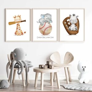 Baseball Nursery Decor Baby Boy Canvas Wall Art Prints Sports Nursery Animal Sports Baseball Poster Kids Wall Art Boys Room Wall Art Nursery Sports Picture Decor for Bedroom 12x16x3 Inch UNFRAMED