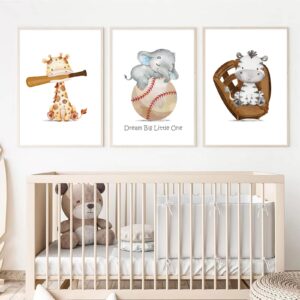 Baseball Nursery Decor Baby Boy Canvas Wall Art Prints Sports Nursery Animal Sports Baseball Poster Kids Wall Art Boys Room Wall Art Nursery Sports Picture Decor for Bedroom 12x16x3 Inch UNFRAMED