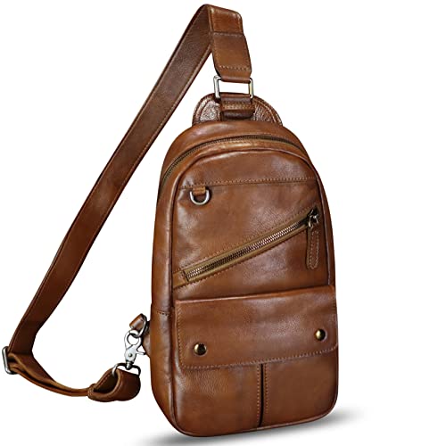 FEIGITOR Genuine Leather Sling Bag for Men Sling Backpack Handmade Retro Crossbody Purse Hiking Daypack Chest Shoulder Fanny Pack (Brown)