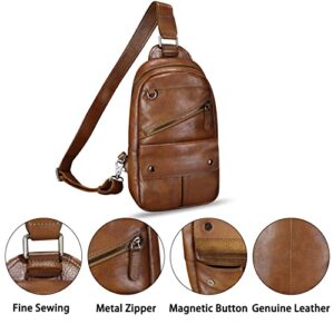 FEIGITOR Genuine Leather Sling Bag for Men Sling Backpack Handmade Retro Crossbody Purse Hiking Daypack Chest Shoulder Fanny Pack (Brown)