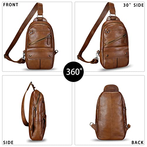 FEIGITOR Genuine Leather Sling Bag for Men Sling Backpack Handmade Retro Crossbody Purse Hiking Daypack Chest Shoulder Fanny Pack (Brown)