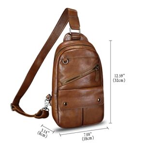 FEIGITOR Genuine Leather Sling Bag for Men Sling Backpack Handmade Retro Crossbody Purse Hiking Daypack Chest Shoulder Fanny Pack (Brown)