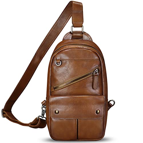 FEIGITOR Genuine Leather Sling Bag for Men Sling Backpack Handmade Retro Crossbody Purse Hiking Daypack Chest Shoulder Fanny Pack (Brown)