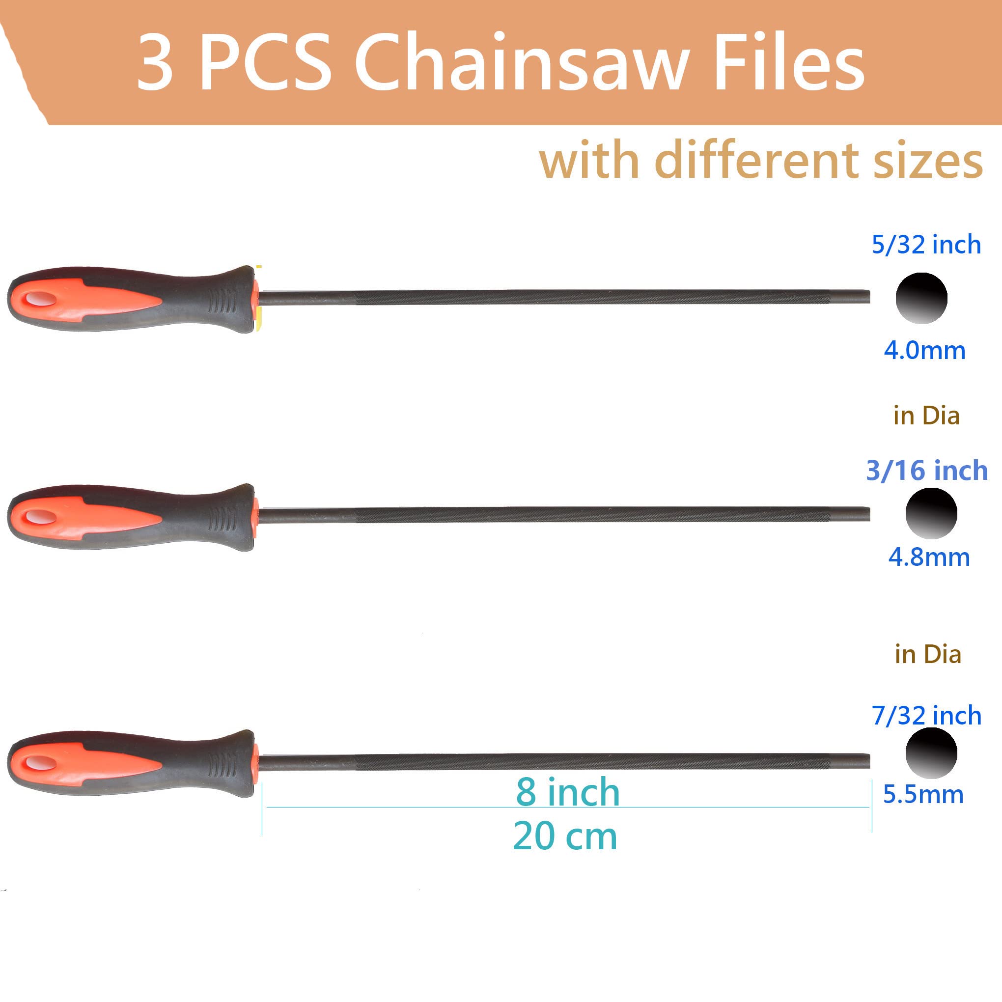 SKZIRI Chainsaw File Set with 3 Sizes 5/32, 7/32, 3/16 inch, 3PCS Chainsaw Sharpener Set Tool Kit Chain Sharpening File Sharpening File Steel with Plastic Handle Round Files for Chainsaw Chain