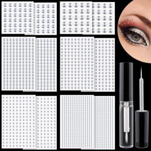 1982 pcs of rhinestone stickers in 3/4/5/6/8/10mm clear self adhesive face gems, stick on body crystal jewels with quick dry makeup glue for face eye hair nails make up and craft diy decorations