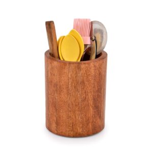 edhas natural mango wood cooking utensil holder for countertop, spoons, cooking tools, etc. (5" x 5" x 6")