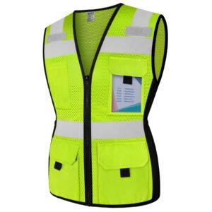 tccfcct women reflective vest 11 pockets high visibility mesh safety vest for lady, neon construction work vest with zipper, snug-fit, durable with reinforced sewing, ansi compliant, yellow s