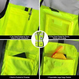 TCCFCCT Women Reflective Vest 11 Pockets High Visibility Mesh Safety Vest for Lady, Neon Construction Work Vest with Zipper, Snug-Fit, Durable with Reinforced Sewing, ANSI Compliant, Yellow S