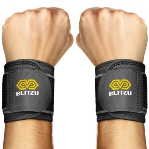 blitzu 2 pack wrist compression strap and wrist brace. sport wrist wraps support for women men. great for work out, weightlifting, tendonitis, carpal tunnel arthritis, pain relief, adjustable.