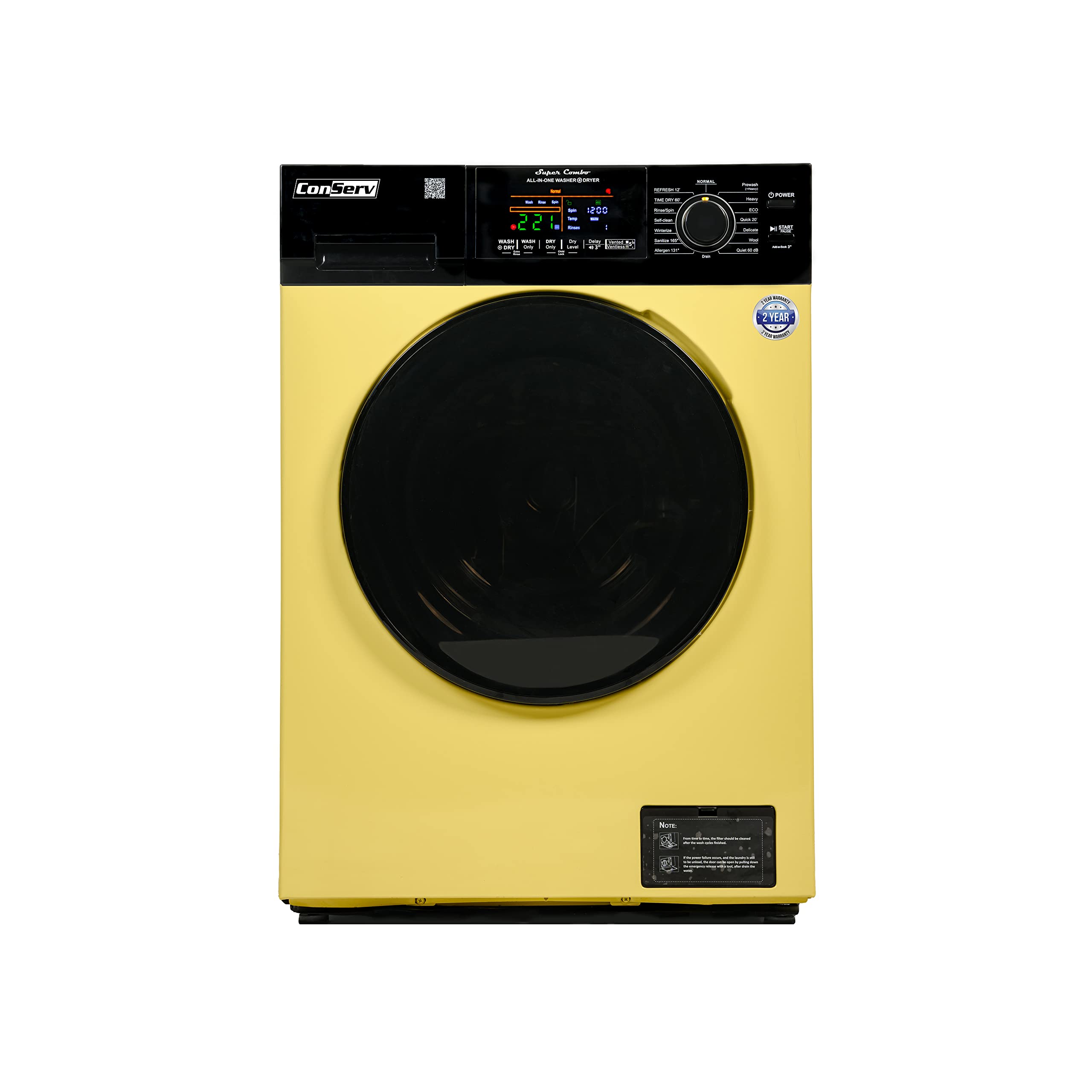 Conserv Digital Compact 110V Vented/Ventless 18 lbs Combo Washer Dryer 1400 RPM (Yellow Black)