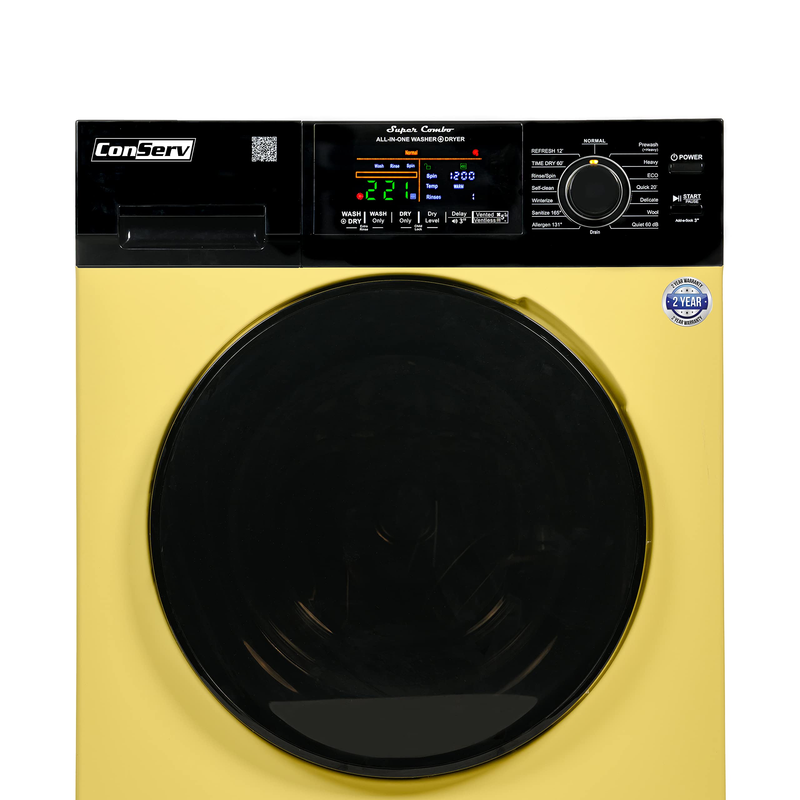 Conserv Digital Compact 110V Vented/Ventless 18 lbs Combo Washer Dryer 1400 RPM (Yellow Black)