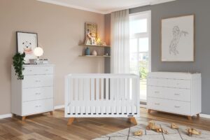 child craft soho crib, 3-drawer dresser with changing table topper nursery set, chest, 3-piece, includes 4-in-1 convertible crib, dresser with topper, chest (white/natural)