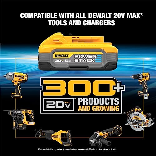 DEWALT 20V MAX Battery, POWERSTACK, More Power + More Compact, Rechargeable 5Ah Lithium Ion Battery (DCBP520)