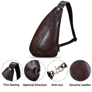 FEIGITOR Genuine Leather Sling Bag Handmade Retro Crossbody Sling Backpack Purse Hiking Daypack Motorcycle Chest Shoulder Fanny Pack (Coffee)