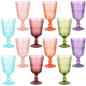 wine glasses set of 12 vintage goblet 9 oz vintage colored glass goblet beverage stemmed glass cups romantic embossed glassware for wedding party holidays anniversary (multi colors)