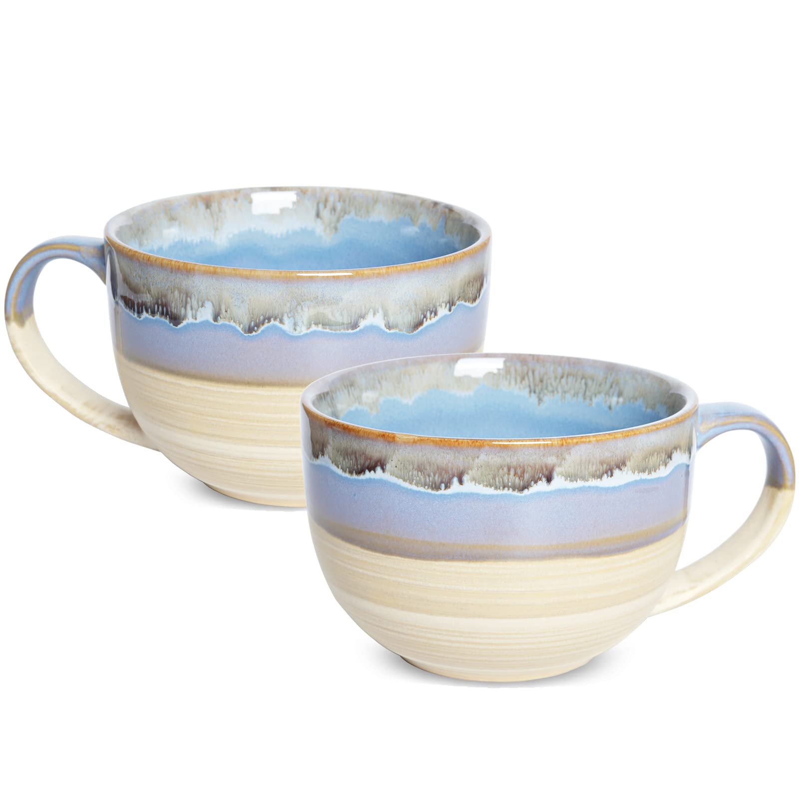 Bosmarlin Ceramic Jumbo Coffee Mug Set of 2, 23 Oz, Large Mug Soup Bowls with Handles, Dishwasher and Microwave Safe (Blue)