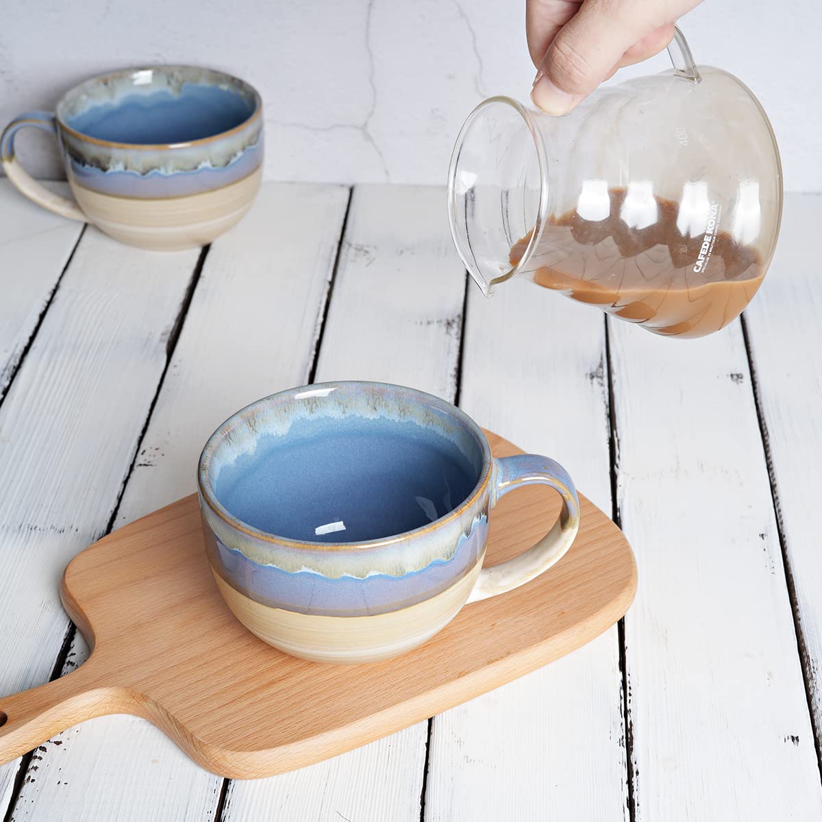 Bosmarlin Ceramic Jumbo Coffee Mug Set of 2, 23 Oz, Large Mug Soup Bowls with Handles, Dishwasher and Microwave Safe (Blue)